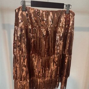 Anthropologie Copper Sequin Fringe Mini Skirt